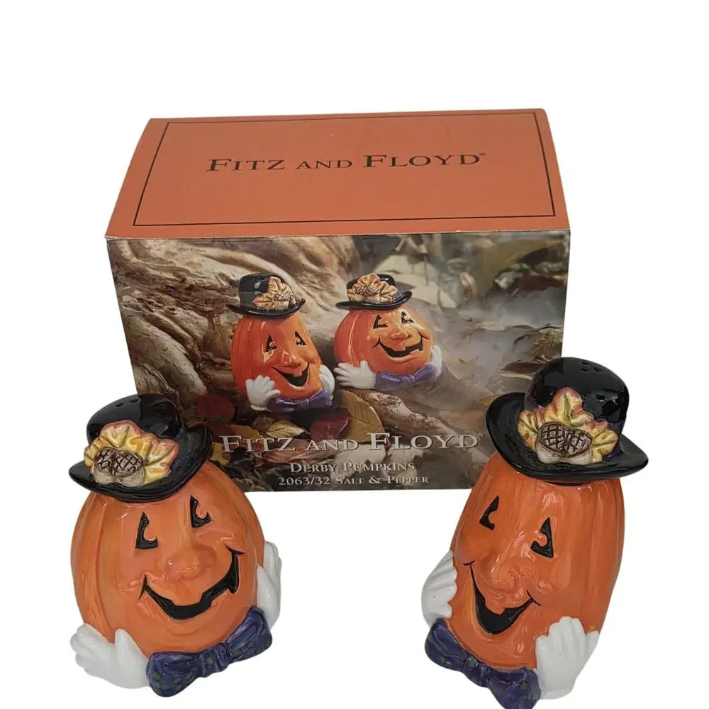 Vintage 2000 Fitz & Floyd Derby Pumpkins Salt & Pepper Shakers with Box